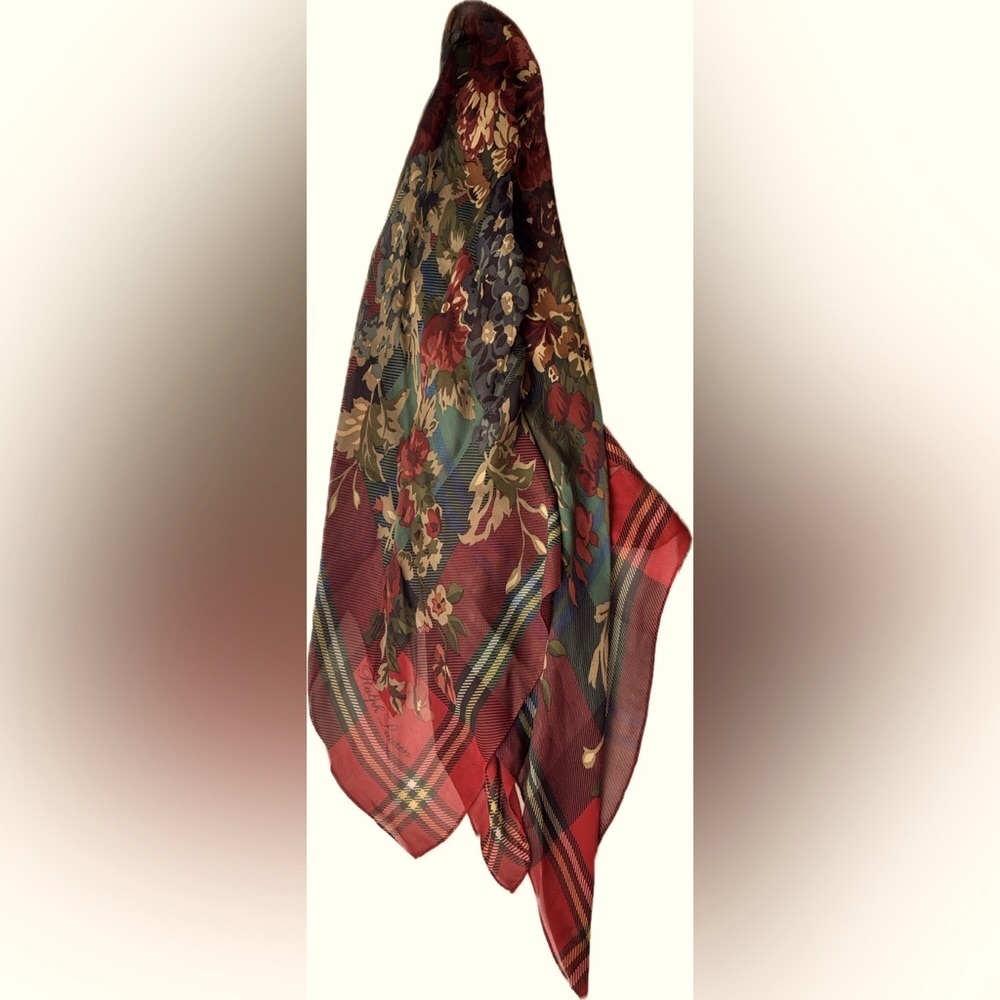 Ralph Lauren Sheer Silk Autumn Floral & Plaid Scarf 🍂 35”x35”